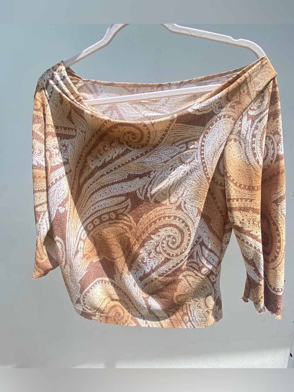 Y2K Tan & Cream Paisley Draped Boat Neck Top Size Medium - Picture 2 of 4